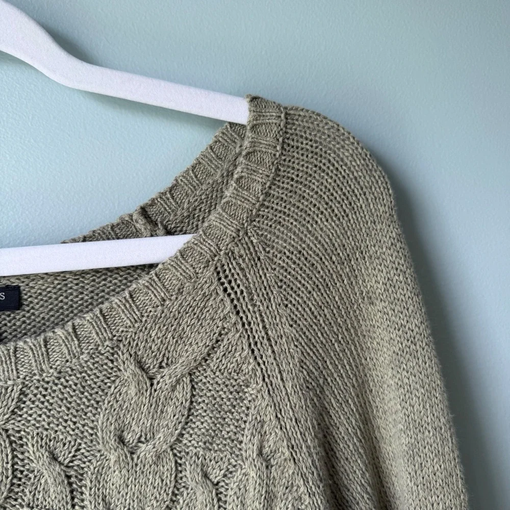 Talbots Petite Linen Cotton Blend Cable Knit Sweater Taupe Pullover Large Petite